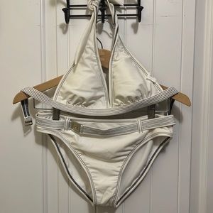 Women’s small high waisted white and navy blue bikini